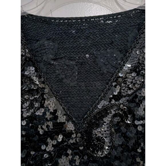 Exotic Formal Beaded Sequin Top L Black Short Sleeve NY Party Christmas Holiday - Picture 9 of 17